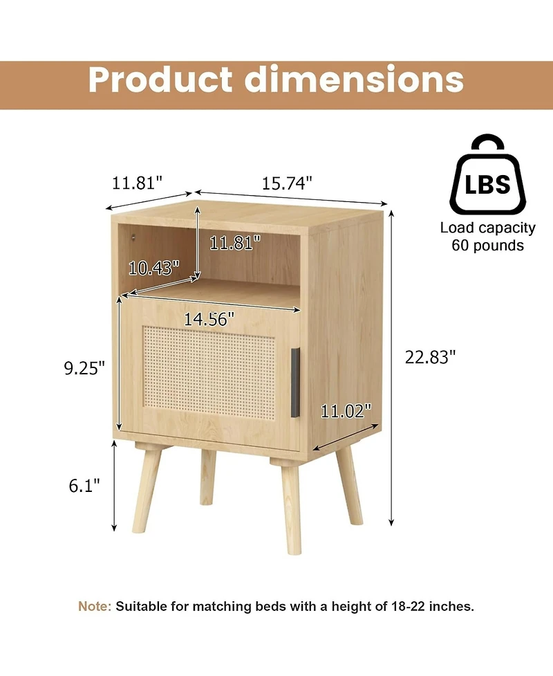 Rainsken Rattan Nightstand, Bedside End Table with Door Open Shelf, Side Table with Solid Wood Legs for Bedroom, Dorm and Small Spaces