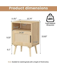 Rainsken Rattan Nightstand, Bedside End Table with Door Open Shelf, Side Table with Solid Wood Legs for Bedroom, Dorm and Small Spaces