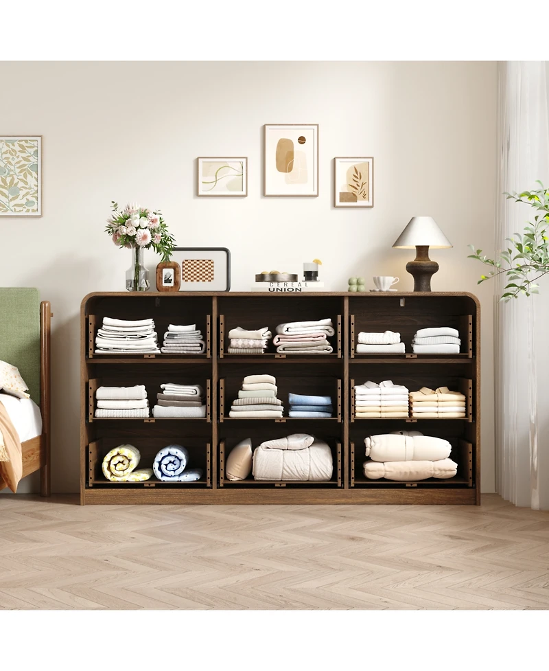 Rainsken 9 Drawer Dresser, Rattan Wide Particle Board Chest, Space Saving Storage Organizer