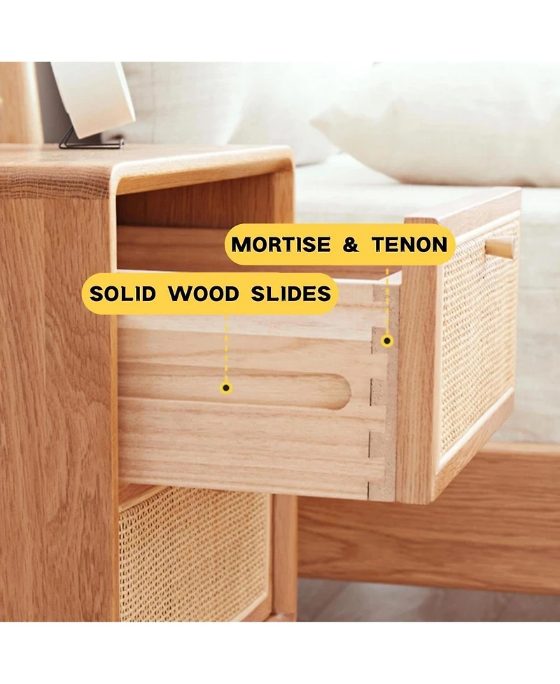 Rainsken Rattan Nightstand, Solid Oak Wood Bedside Table with 2 Drawers Drawers, Small End Table for Small Spaces, Bedroom, Living Room