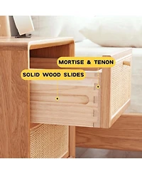 Rainsken Rattan Nightstand, Solid Oak Wood Bedside Table with 2 Drawers Drawers, Small End Table for Small Spaces, Bedroom, Living Room
