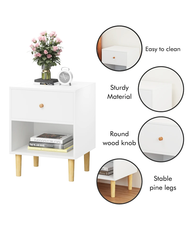 Rainsken Nightstand, Minimalist Wooden Bedside Table with Drawer and Open Shelf for Kids Room, Nursery