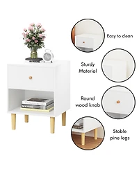 Rainsken Nightstand, Minimalist Wooden Bedside Table with Drawer and Open Shelf for Kids Room, Nursery