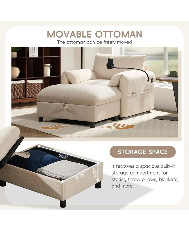 Rainsken 37" Single Sofa with Storage Ottoman, Chenille Armchair - Adjustable Phone Holder, Dual-Port Charger and Side Pockets for Living Room