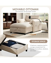Rainsken 37" Single Sofa with Storage Ottoman, Chenille Armchair - Adjustable Phone Holder, Dual-Port Charger and Side Pockets for Living Room