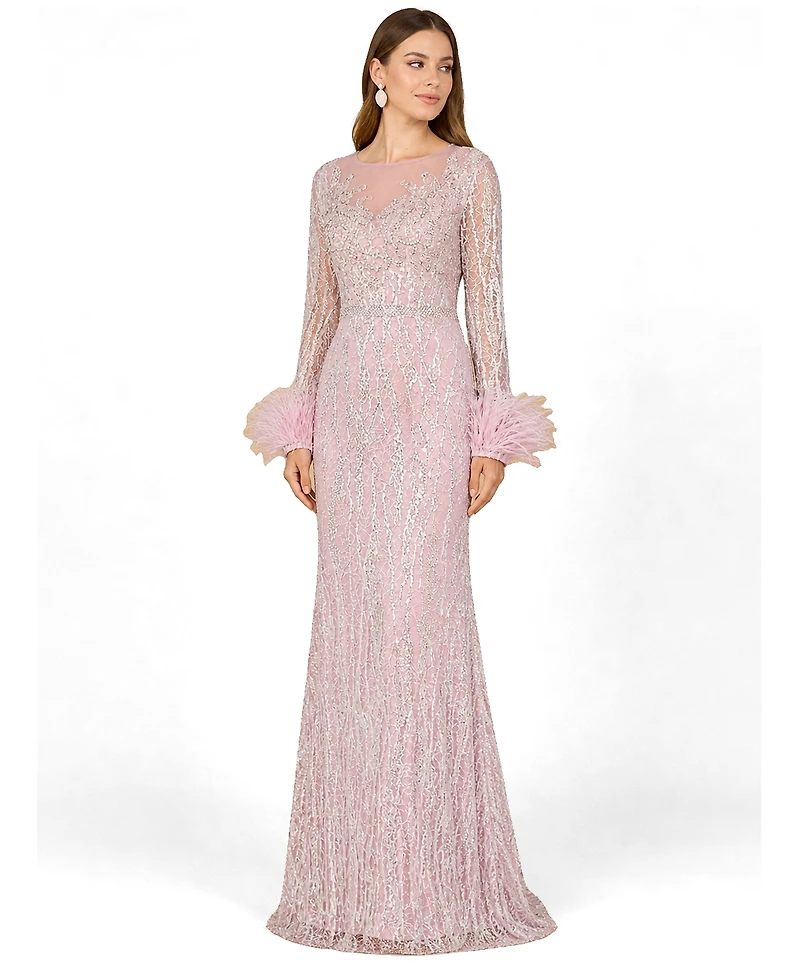 Lara Women's Long Sleeve Sheath Gown with Feathers