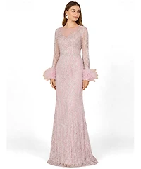 Lara Women's Long Sleeve Sheath Gown with Feathers