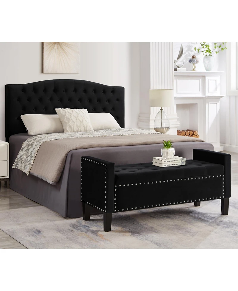 Rainsken 47 Inch Velvet Storage Bench, Upholstered Tufted Button, End of Bed Ottoman, with Wooden Legs, for Bedroom, Living Room, or Entryway