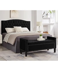 Rainsken 47 Inch Velvet Storage Bench, Upholstered Tufted Button, End of Bed Ottoman, with Wooden Legs, for Bedroom, Living Room, or Entryway