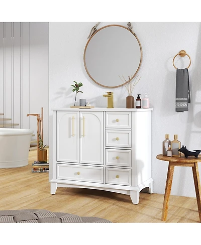 Sillysis 35.6" Bathroom Vanity with Ceramic Sink, Solid Wood Mdf Cabinet, 4 Drawers Ample Storage for Modern Vintage Bathrooms