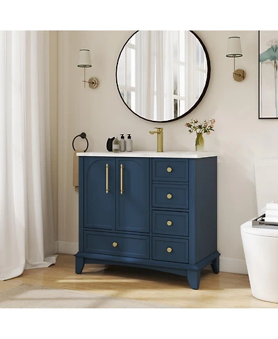 Sillysis 35.6" Bathroom Vanity with Ceramic Sink, Solid Wood Mdf Cabinet, 4 Drawers Ample Storage for Modern Vintage Bathrooms