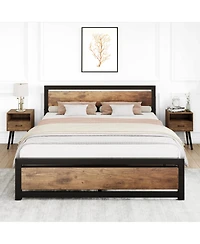 homfan Industrial Platform Bed Frame with Wooden Headboard and Footboard, 13.8 Inch Underbed Space