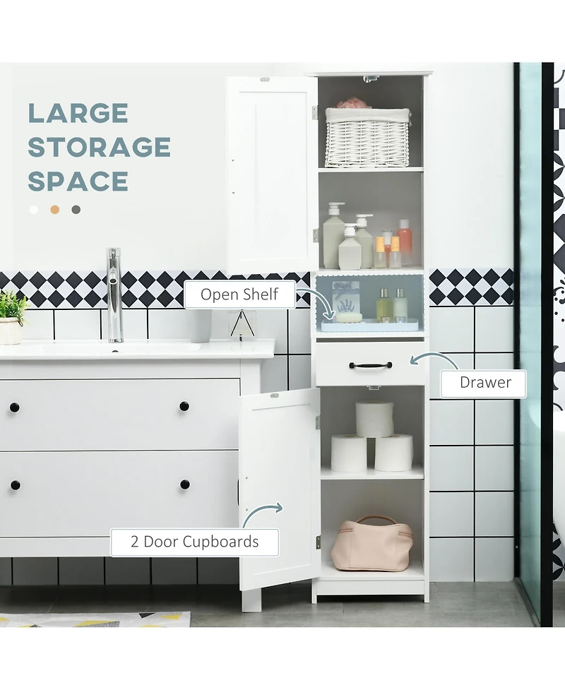 Midola Slim Bathroom Storage Cabinet, Tall Bathroom Cabinet, Linen Tower with Open Shelf, Drawer, Recessed Doors, and Adjustable Shelves