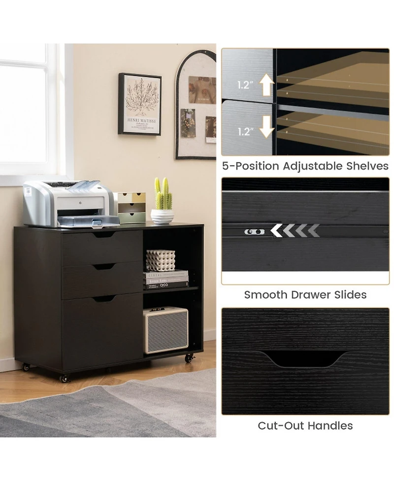 Gouun 3-Drawer Filing Cabinet 32 Inch with Adjustable Shelf and Lockable Wheels