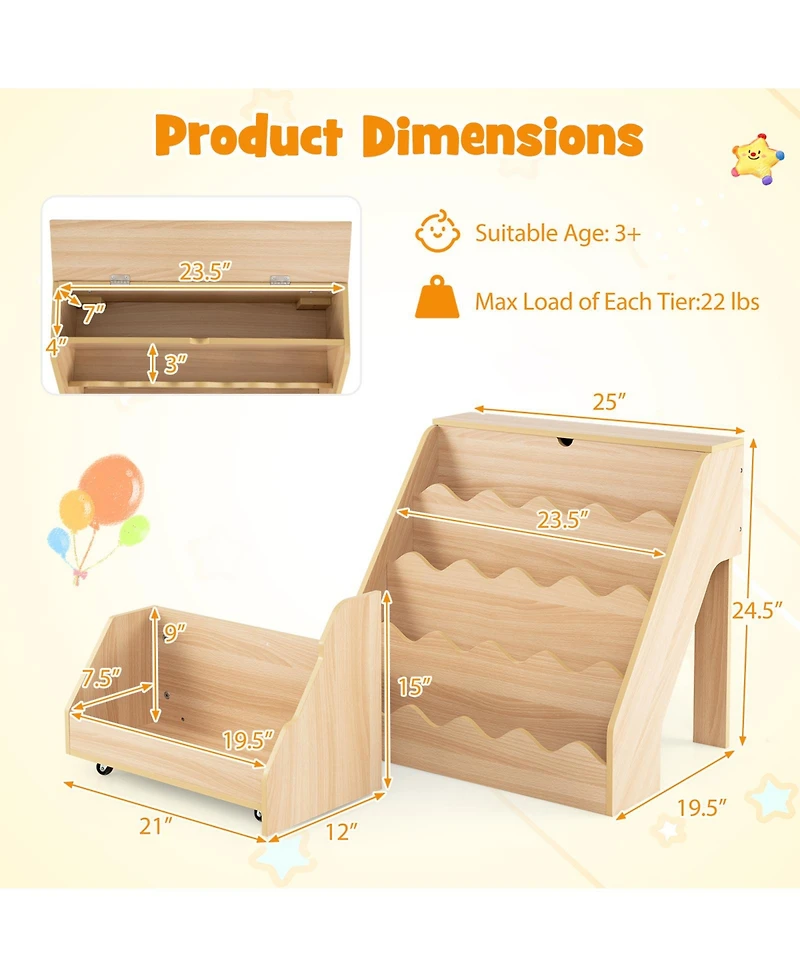 Costway Kids Bookshelf and Toy Storage Organizer with Rolling Drawer Cart, 4 Tier Book Shelf