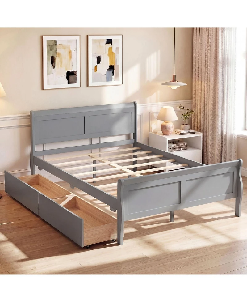 Slickblue Wooden Bed Frame with Built-In Storage Drawers and Footboard