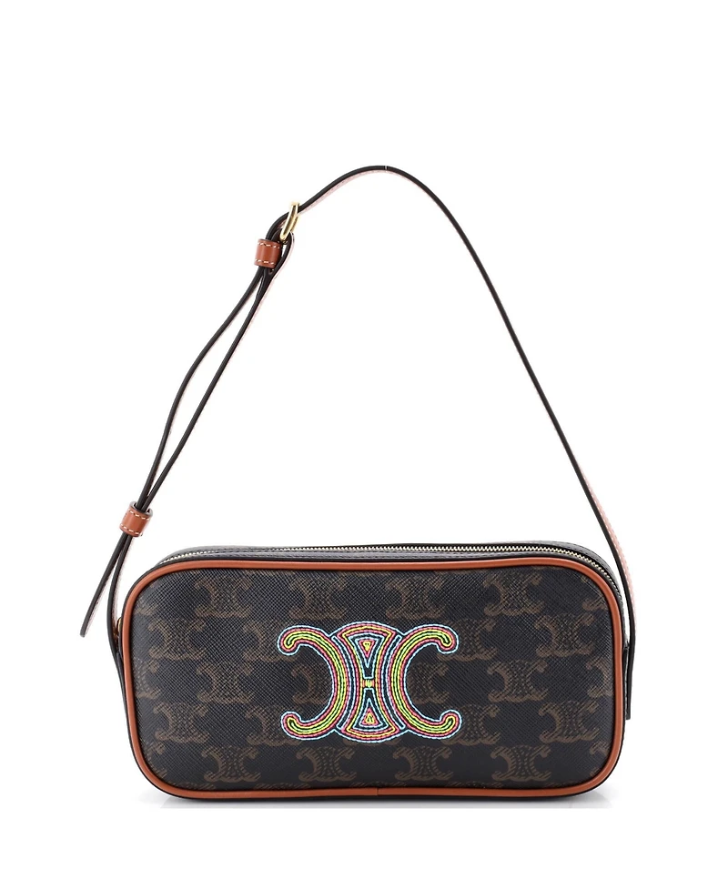Pre-Owned Celine Small Cuir Triomphe Camera Shoulder Bag Embroidered Triomphe Coated Canvas with Leather