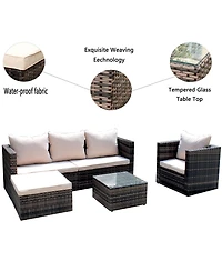 Clihome 4 Piece Outdoor Rattan Conversation Sofa Set Pe Wicker Patio Furniture Set with Cushion, Tempered Glass Coffee Table