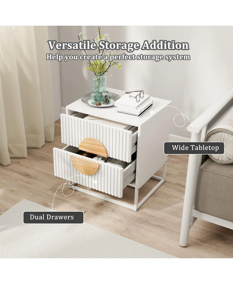 Gouun Mid-Century Fluted 2-Drawer Nightstand with Pine Wood Handles