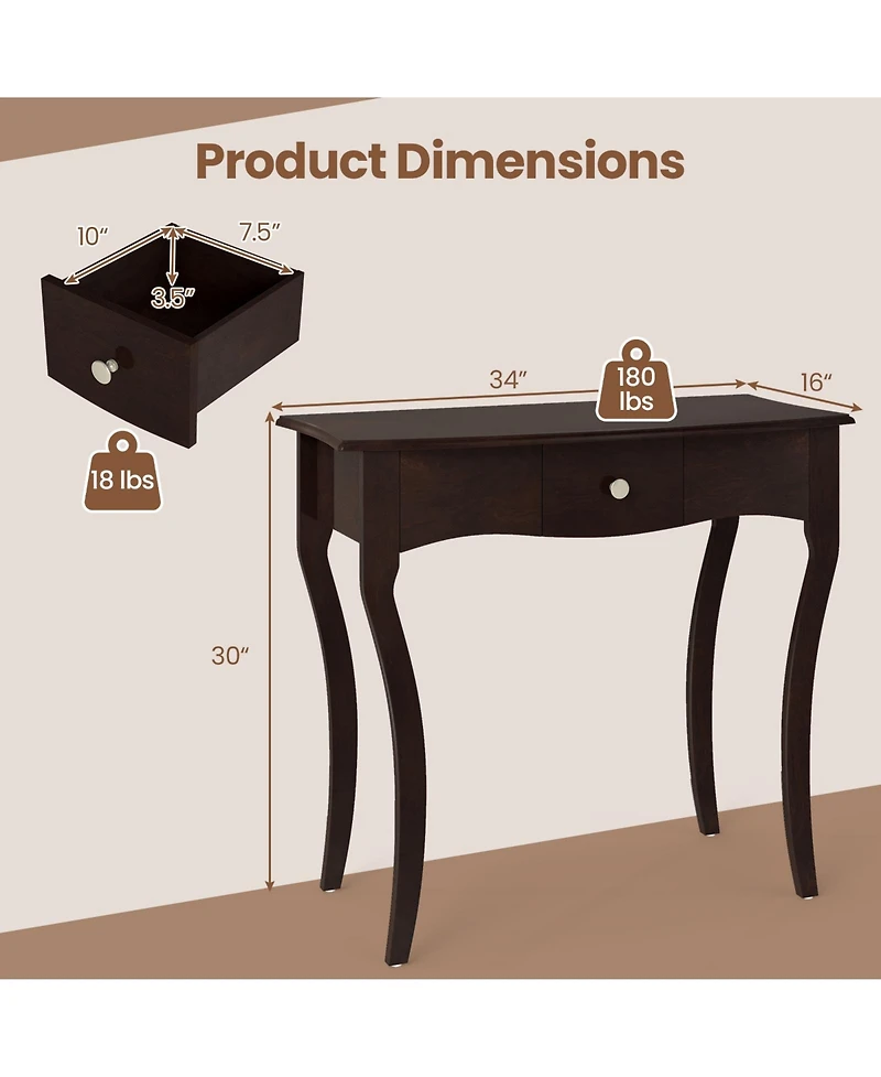 Sugift Traditional Console Table with Drawer and Curved Solid Wood Legs, 34 in