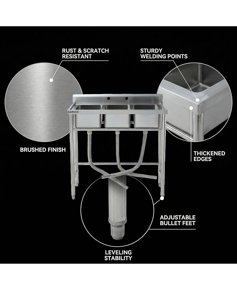 Gaomon Freestanding 3-Bowl Stainless Steel Utility Sink Commercial Triple Compartment Sink with Legs and Backsplash
