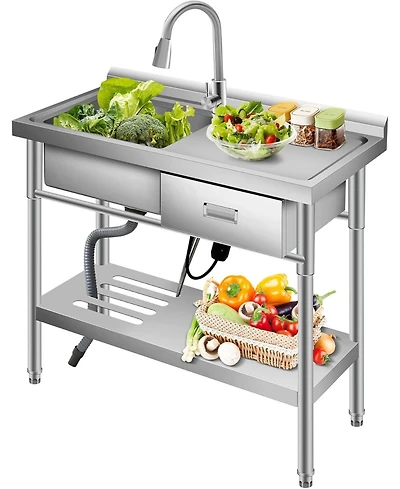 Gaomon Freestanding Stainless Steel Utility Sink Single Bowl with Hot and Cold Faucet Drawer Storage Shelf and Workbench