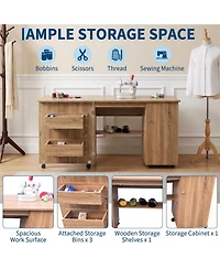 Gaomon Large Folding Sewing Table with Storage Shelves, Rolling Sewing Machine Table, Wooden Craft Station with Lockable Wheels for Small Spaces, Home