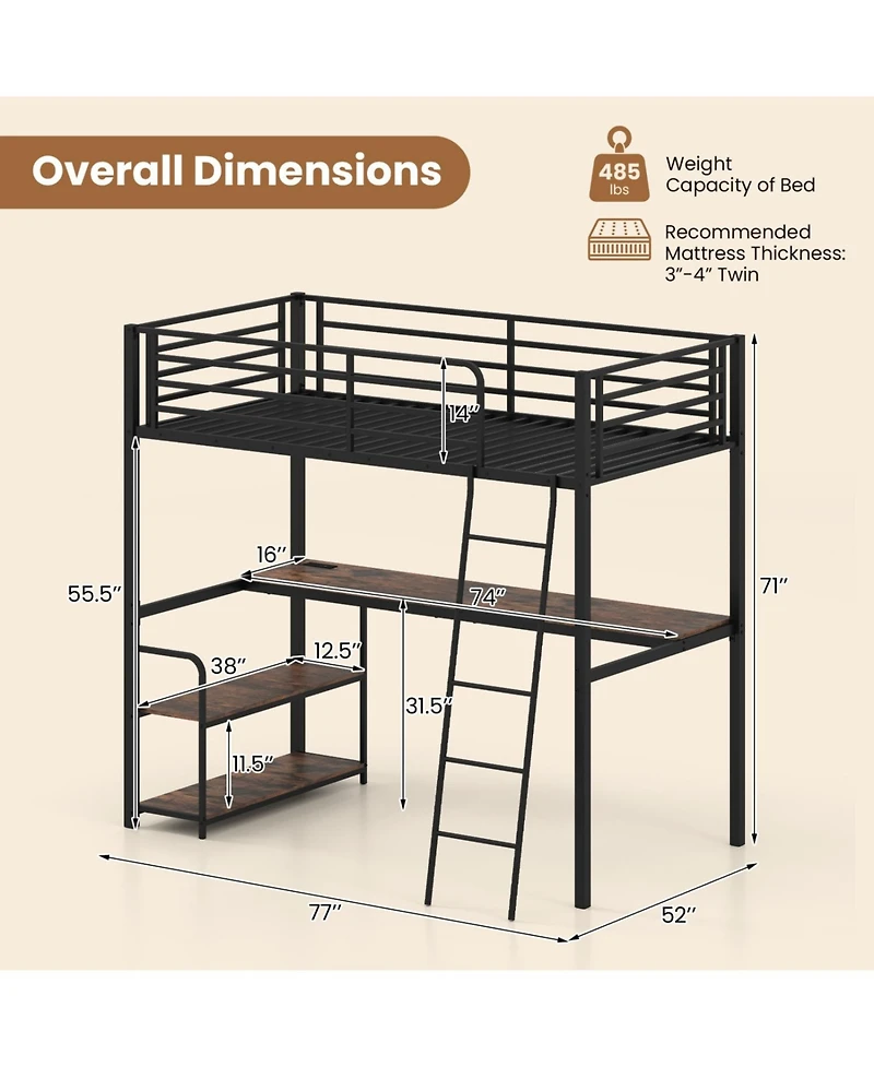 Slickblue Twin Loft Bed with Built-In Desk and Storage Shelves, Ideal for Kids