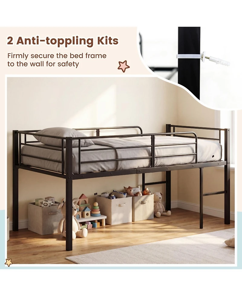 Slickblue Twin Low Loft Bed with Guardrails and 2 Ladders, Space-Saving Design