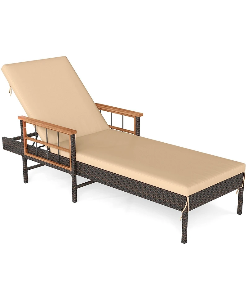 Sugift Pe Wicker Reclining Lounger with 4-Level Backrest and Acacia Armrests