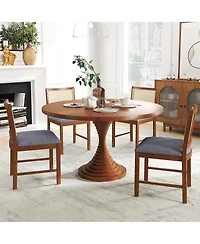 Gymax Rattan Dining Chair Rubber Wood Frame Linen Fabric Padded Seat