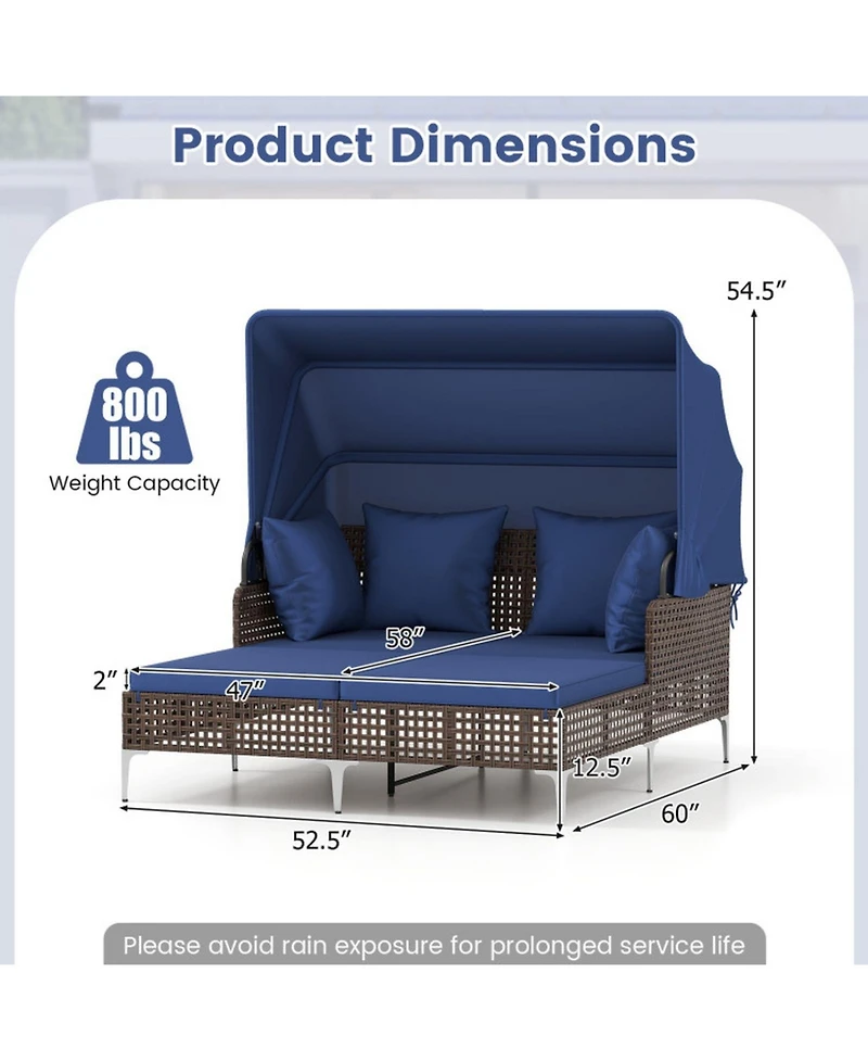 Sugift Outdoor Wicker Daybed with Retractable Canopy and Cushioned Double Seat, 60 in