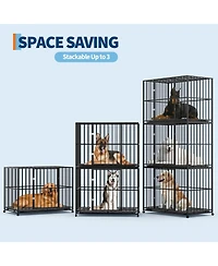 Gaomon heavy-duty escape-proof dog crate, steel, chew-resistant, double door, lockable wheels, indoor/outdoor for large breeds.