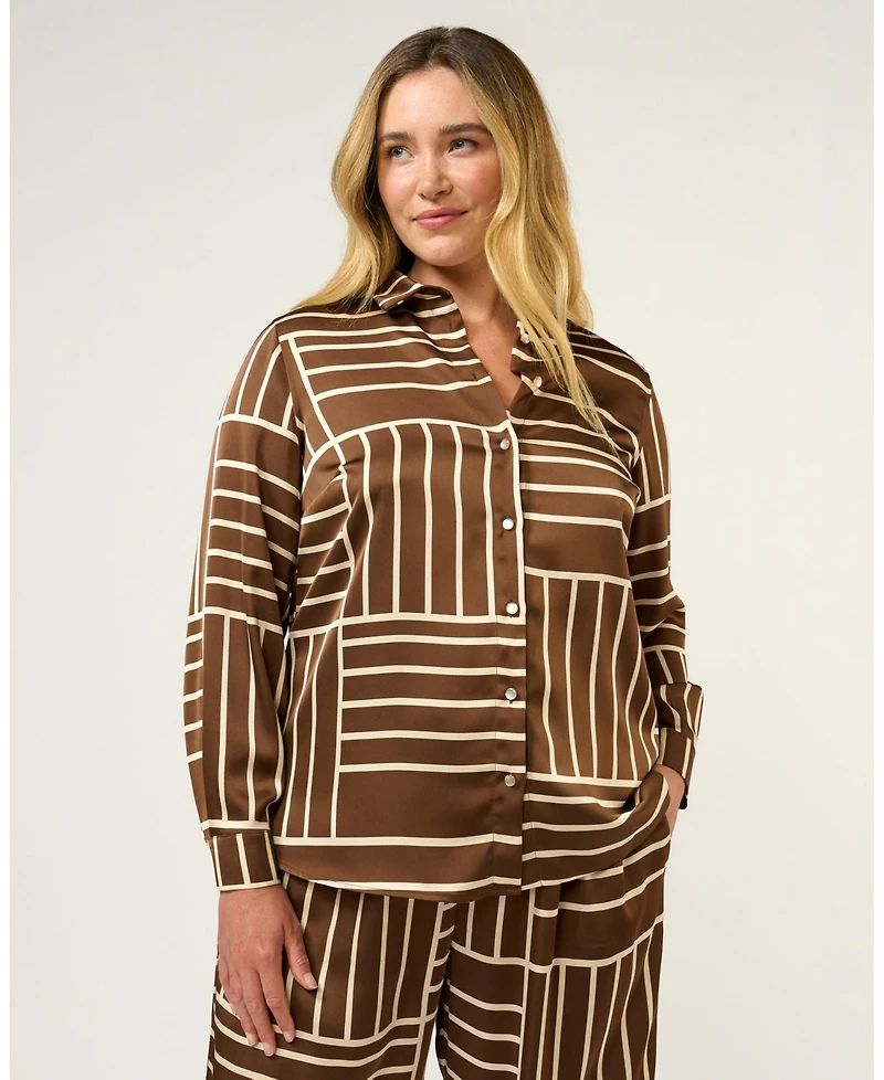 Estelle Plus Sizes Josie Geometric Collared Button-Front Satin Shirt