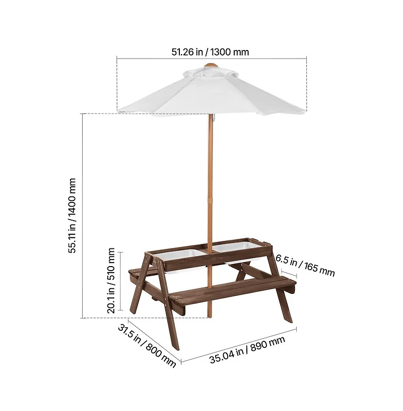 Sugift Kids Picnic Table 3-in-1 Wooden Bench Set with Sand Water Basin Umbrella