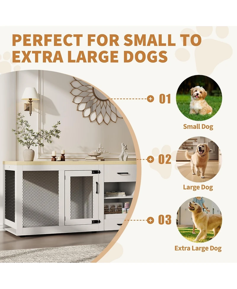 gaomon Double Dog Crate Furniture for Large Dogs,90 Inch Extra Large Heavy Duty Wooden Kennel with Feeding Station, Divider, Storage Shelves