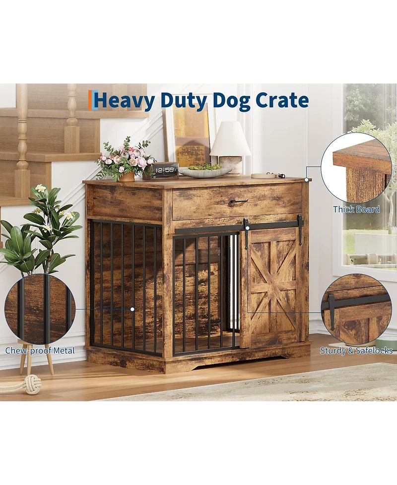 gaomon Dog Crate Furniture with 2 Storage Drawers, 4 Deep Shelves, Farmhouse Extra Large Wooden Dogs Cage End Table