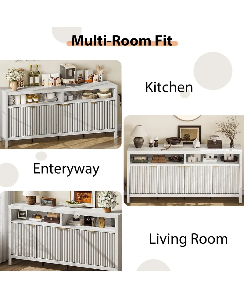 homfan Fluted Modern Buffet Cabinet, 4-Door Storage Sideboard with Adjustable Shelf for Kitchen Living Room