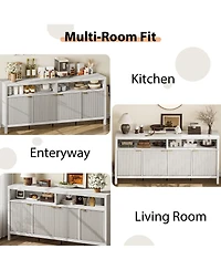 homfan Fluted Modern Buffet Cabinet, 4-Door Storage Sideboard with Adjustable Shelf for Kitchen Living Room