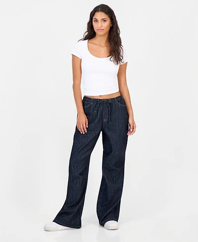 Vanilla Star Juniors' Striped Wide-Leg Pull-On Jeans
