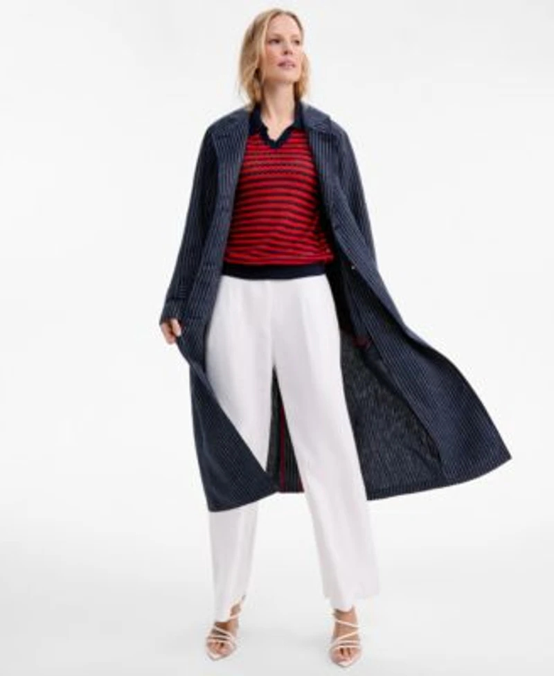 Tommy Hilfiger Womens Nautical Stripe Trench Coat Pointelle Collar V Neck Sweater Cotton Wide Leg Pants