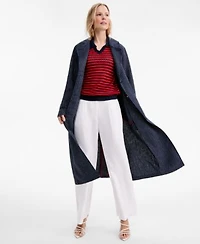Tommy Hilfiger Womens Nautical Stripe Trench Coat Pointelle Collar V Neck Sweater Cotton Wide Leg Pants