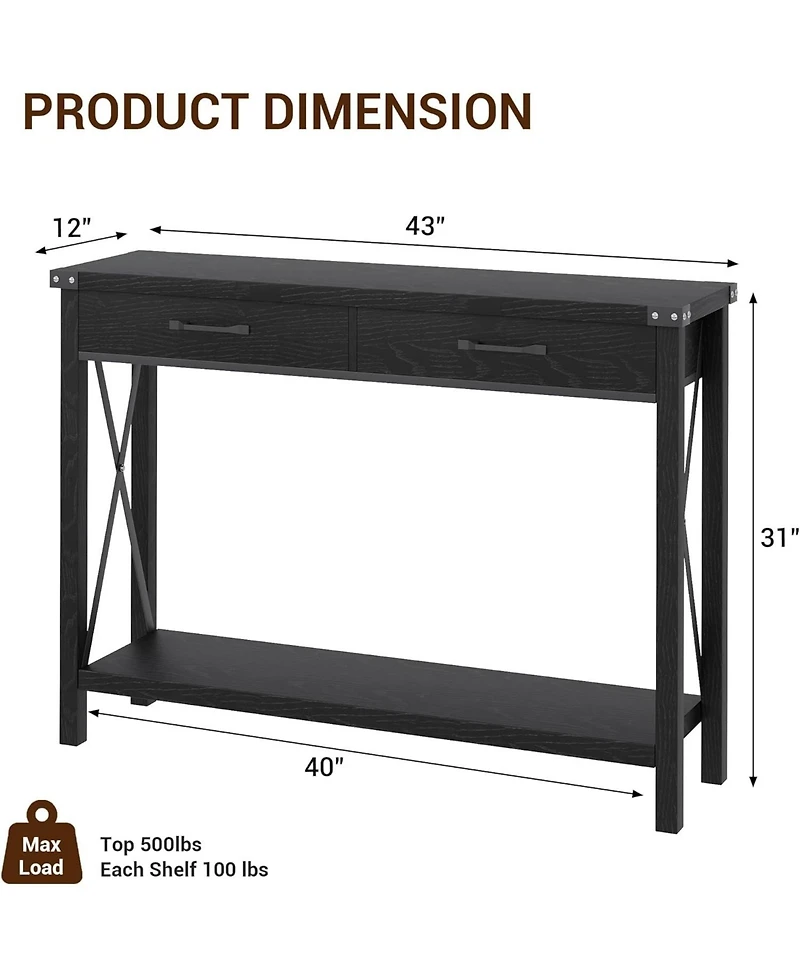 homfan Industrial Console Table, 2-Tier Narrow Sofa Table with Drawers and Open Shelf