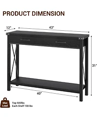 homfan Industrial Console Table, 2-Tier Narrow Sofa Table with Drawers and Open Shelf