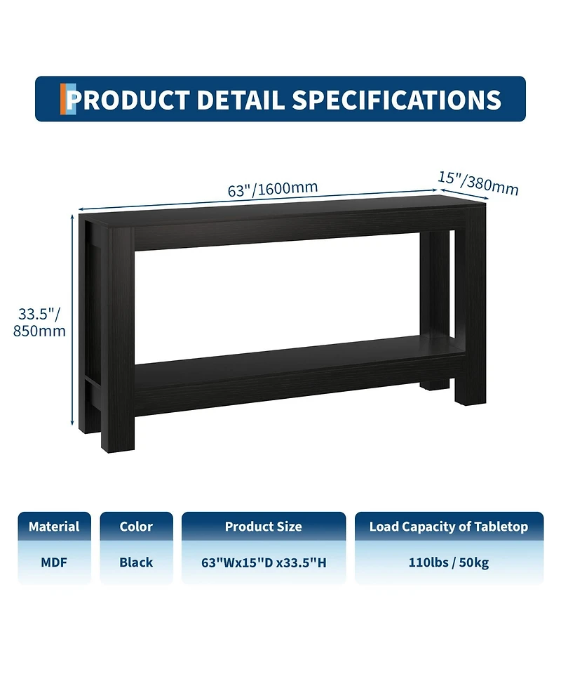 homfan 63-Inch Narrow Sofa Table with 2-Tier Storage – Slim Console for Entryway, Hallway, Behind Couch, Holds 220 Lbs