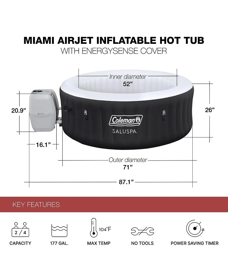Bestway Coleman Miami Inflatable Hot Tub with 4 SaluSpa Seat and 4 Headrest Pillow