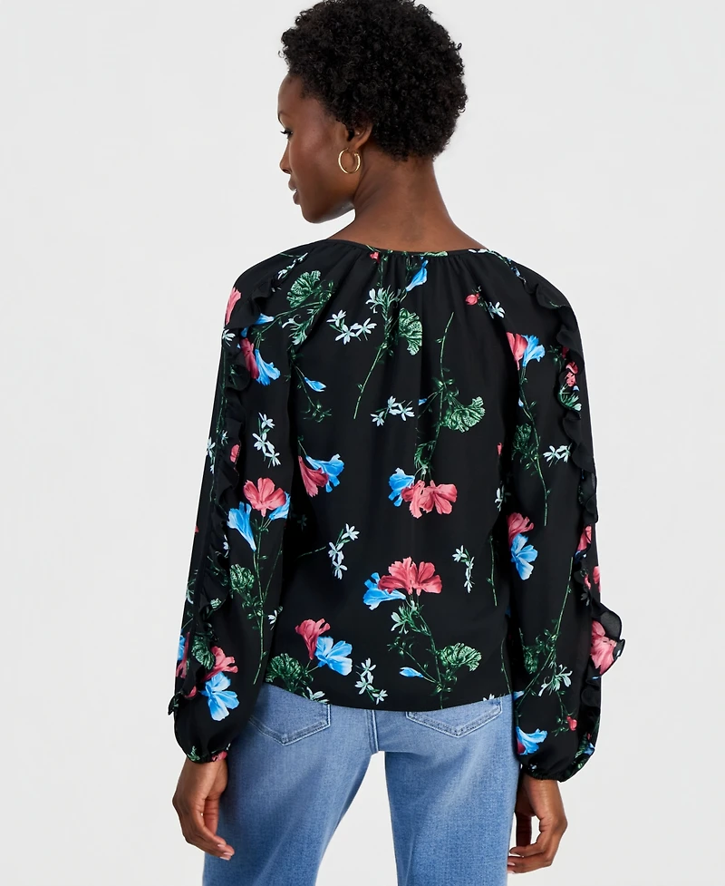 I.n.c. International Concepts Women's Petite Ruffle Floral-Print Long-Sleeve Blouse, Macy's Exclusive