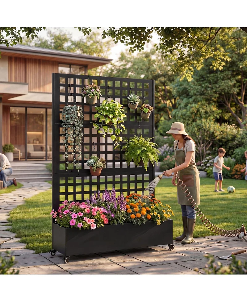 Streamdale Furniture Metal Raised Garden Bed with Wheels, Trellis, and Privacy Screen, 73"x47"x16
