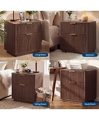 gaomon Fluted Nightstand Set of 2, Modern Bedside Tables with Charging Station and 2 Drawers, Wooden End Table for Bedroom Living Room