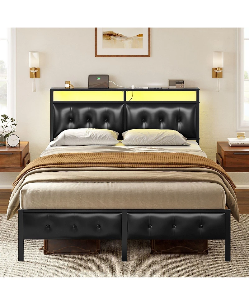 Hausource Queen Bed Frame with Storage Headboard & Charging Station Platform Bed No Box Spring Needed